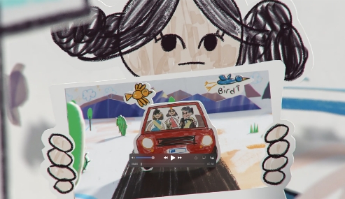 Social Media animation of child showing picture of family in car